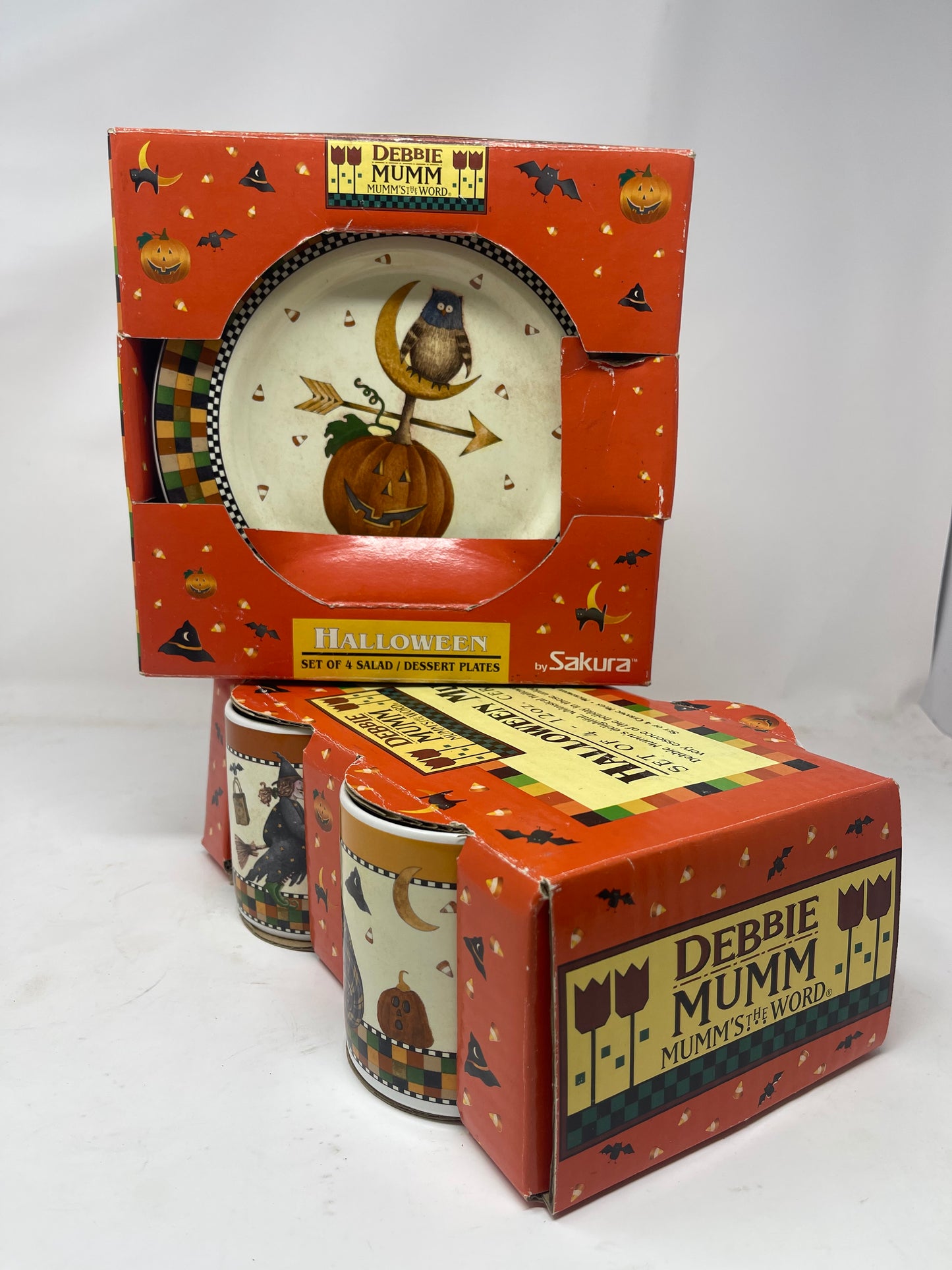 Debbie Mumm Sakura Halloween Dessert Ceramic Plates & Mugs In Original Box