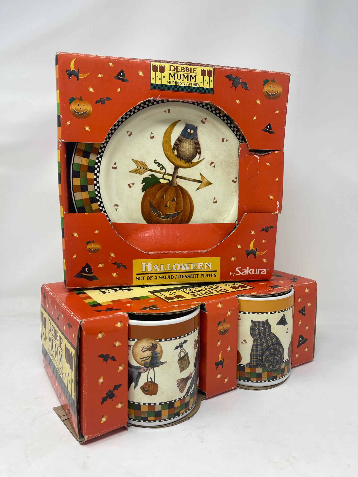 Debbie Mumm Sakura Halloween Dessert Ceramic Plates & Mugs In Original Box