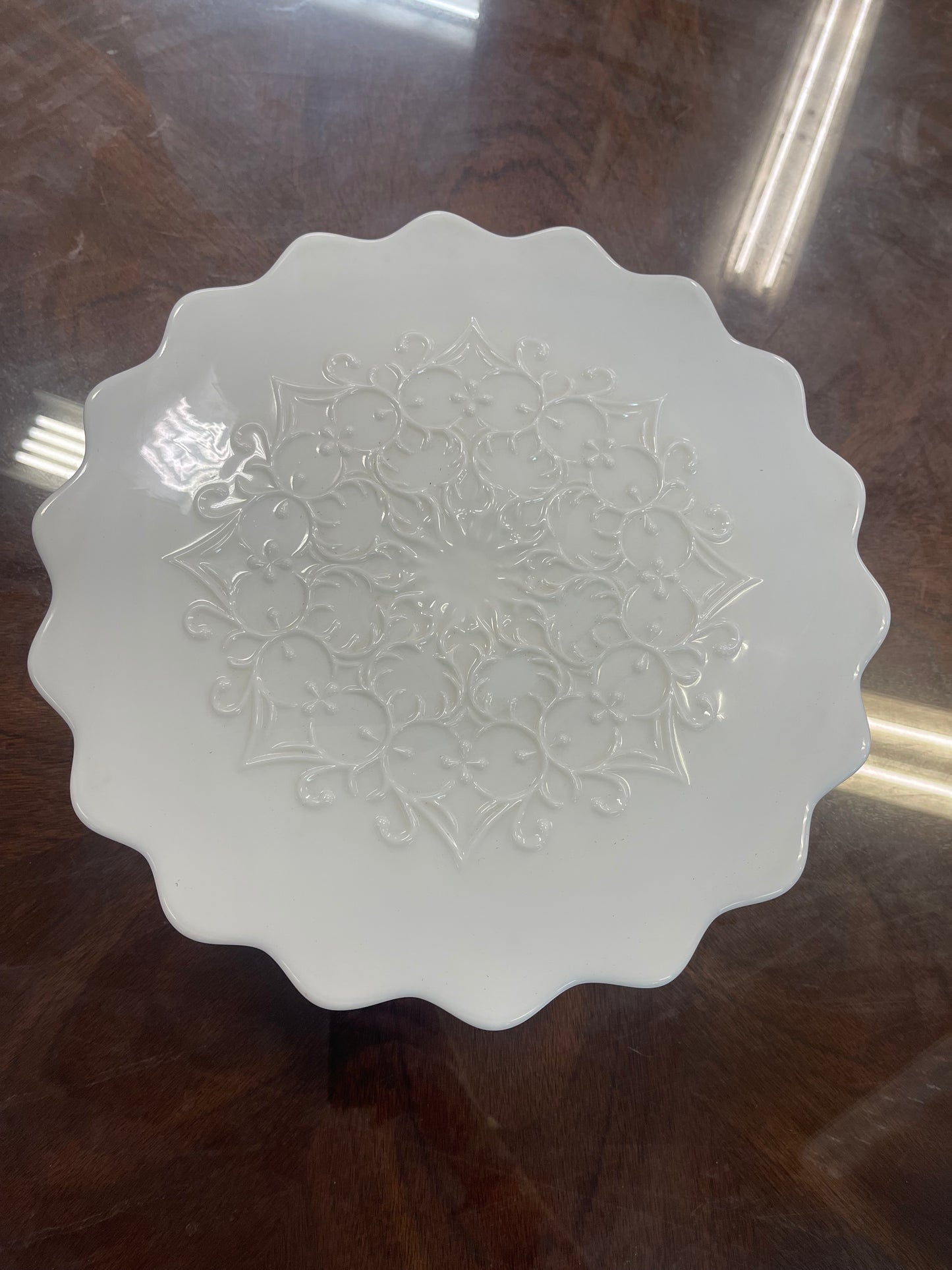 Westmoreland Milk Glass Quilt Pattern Candy Dish & Fenton Spanish Lace Milk Glass Cake Plate