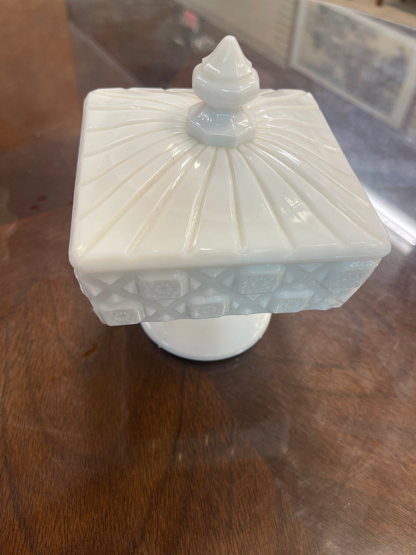 Westmoreland Milk Glass Quilt Pattern Candy Dish & Fenton Spanish Lace Milk Glass Cake Plate