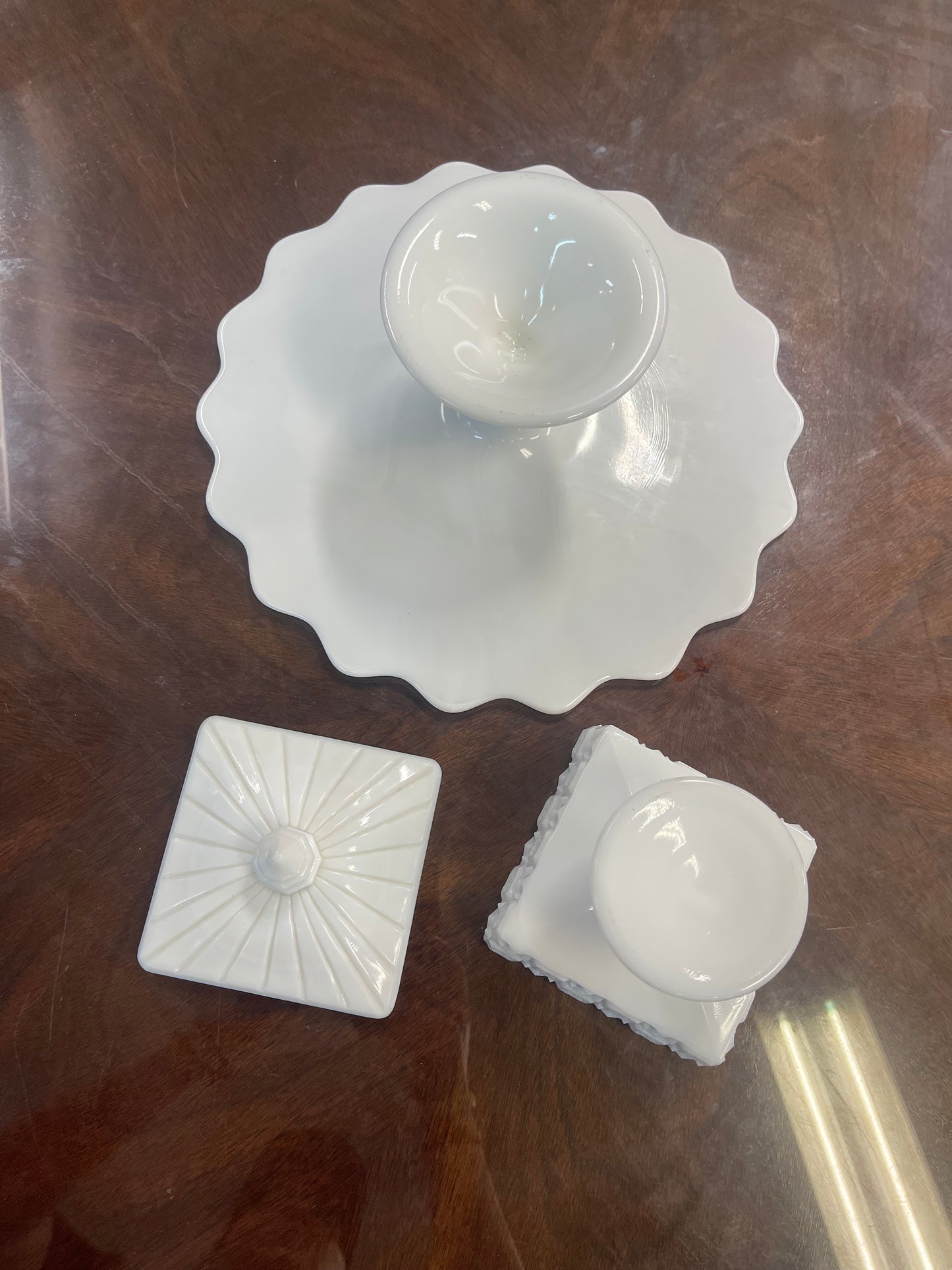 Westmoreland Milk Glass Quilt Pattern Candy Dish & Fenton Spanish Lace Milk Glass Cake Plate
