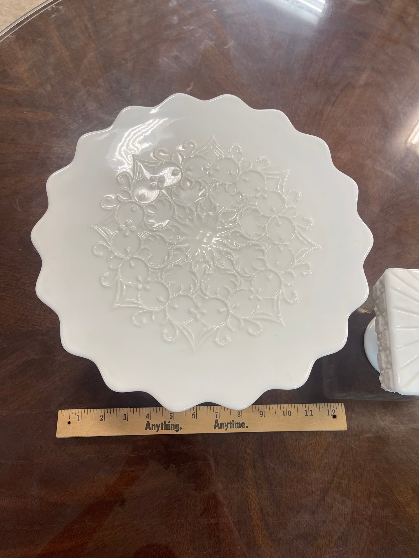 Westmoreland Milk Glass Quilt Pattern Candy Dish & Fenton Spanish Lace Milk Glass Cake Plate