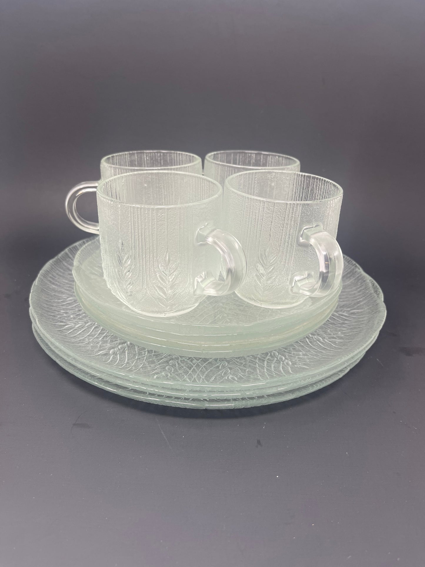 Arcoroc "Country Wheat" Clear Glass Mugs, Saucers & Plates