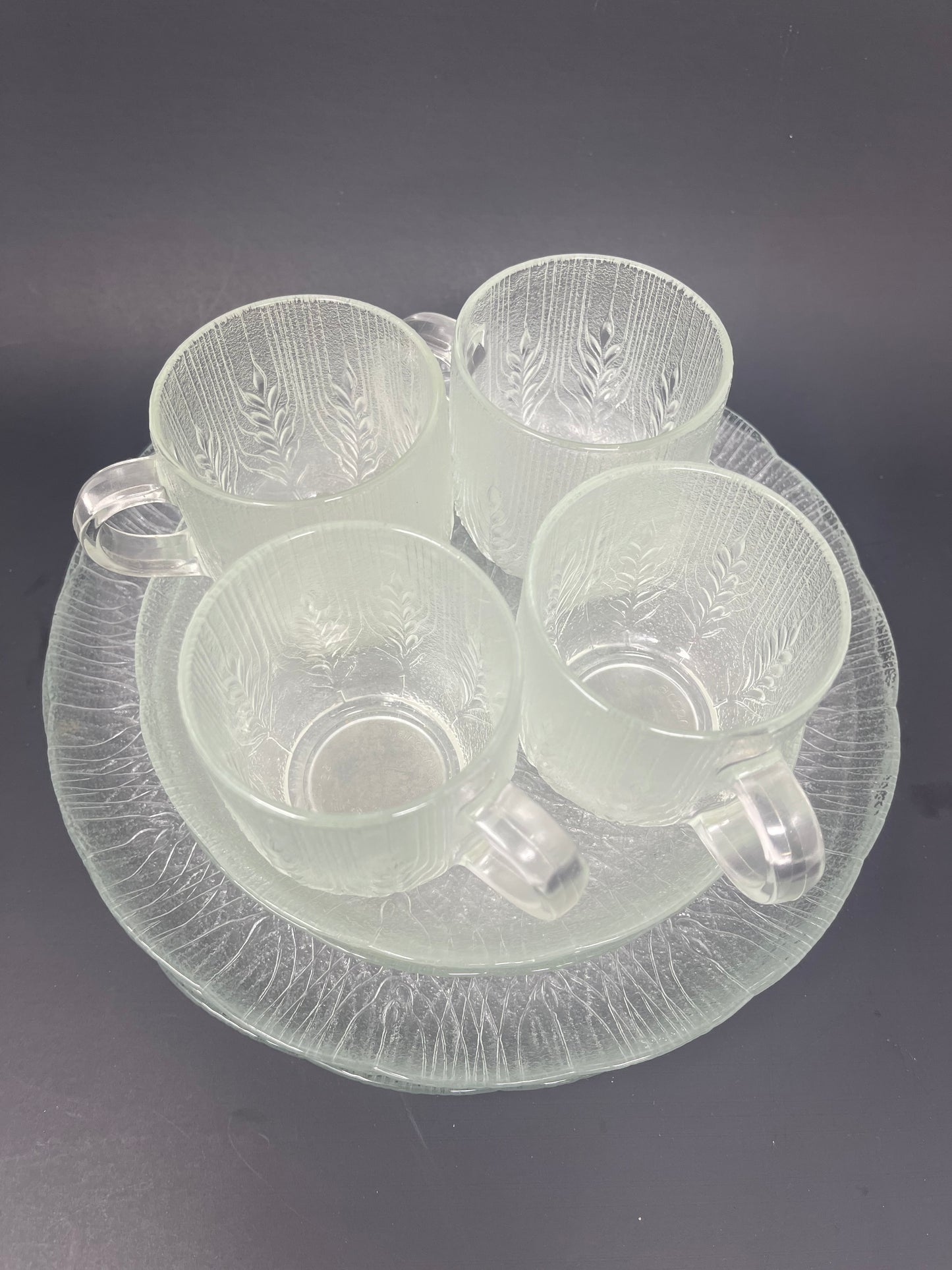 Arcoroc "Country Wheat" Clear Glass Mugs, Saucers & Plates