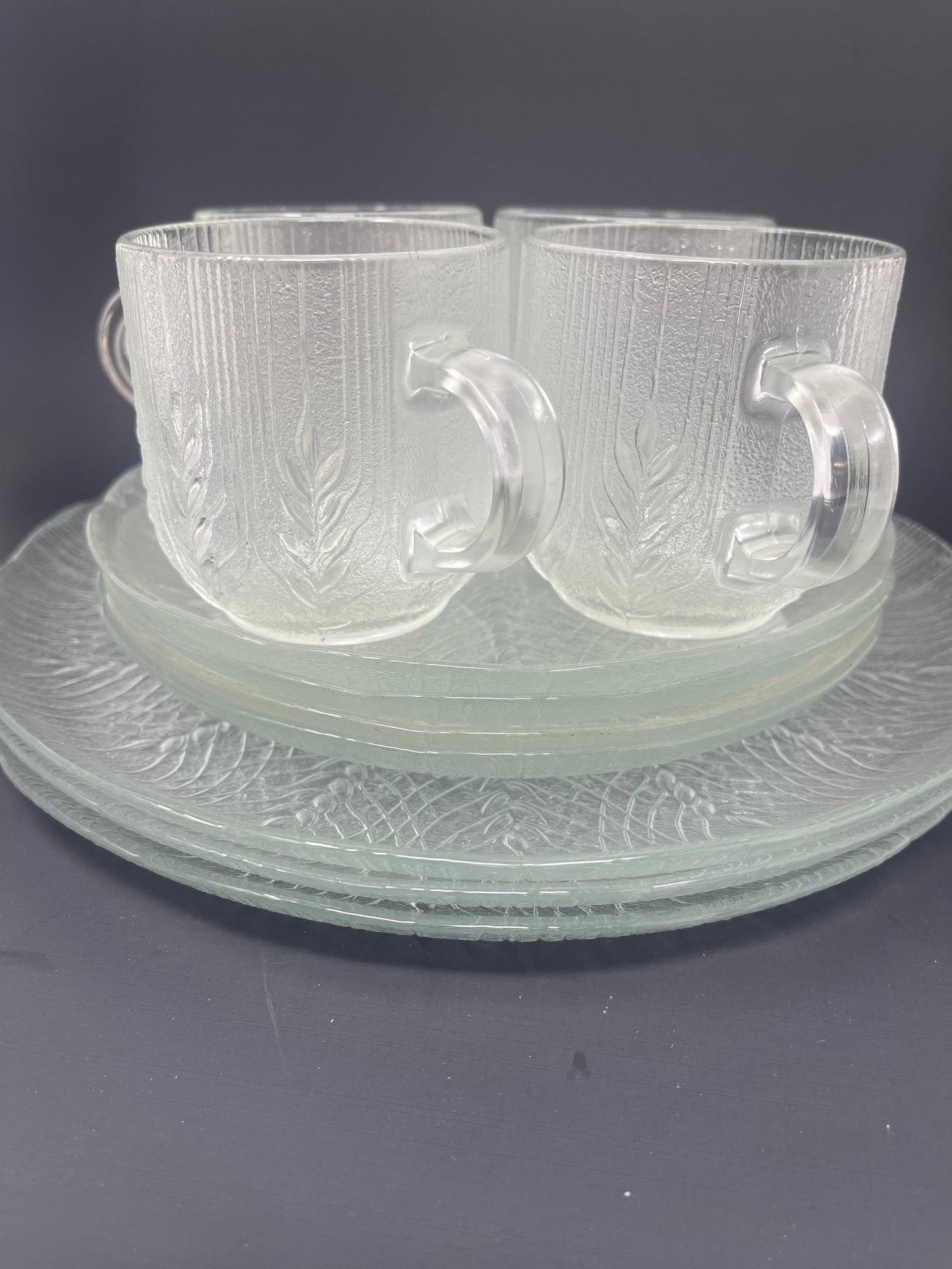 Arcoroc "Country Wheat" Clear Glass Mugs, Saucers & Plates
