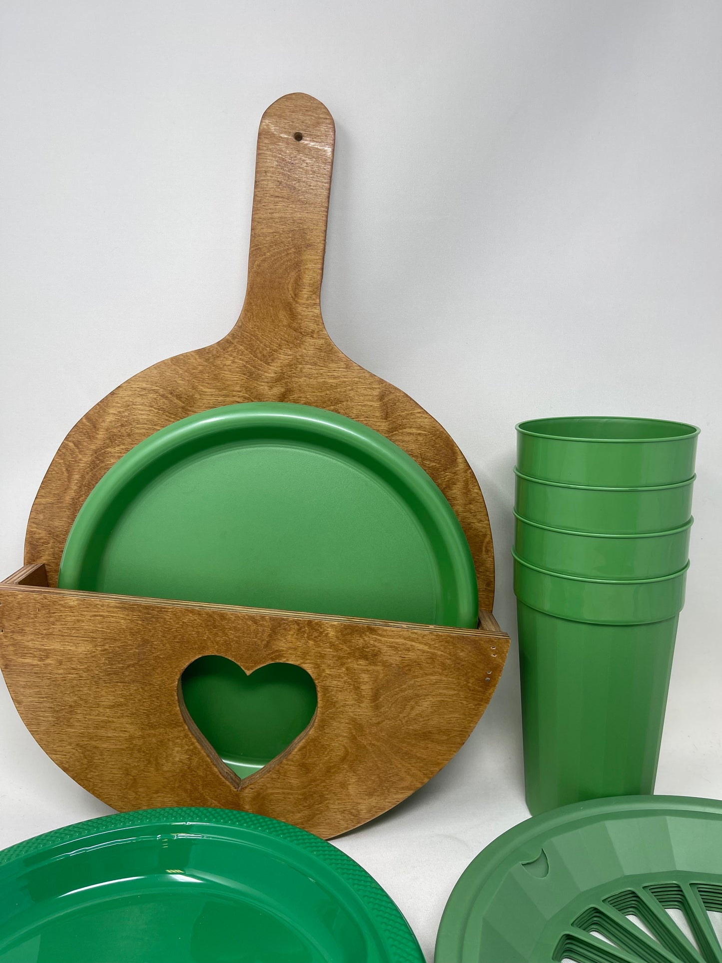 Vintage Green Cup & Plate Set W/ Wooden Plate Holder