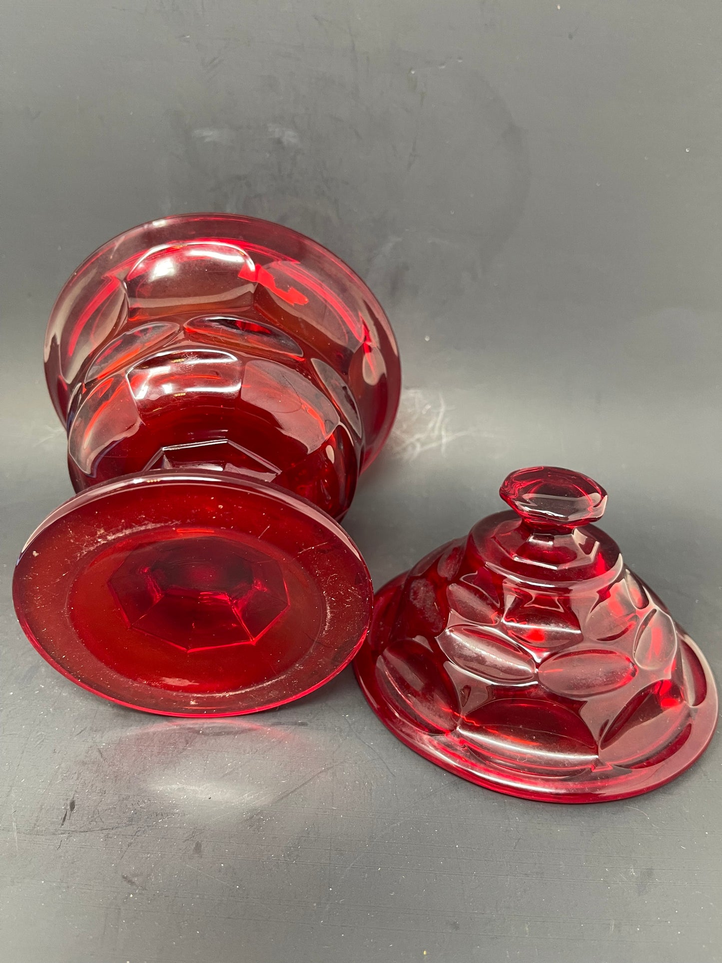 Vintage Fistoria Argus Ruby Red Footed Capote Dish W/ Lid