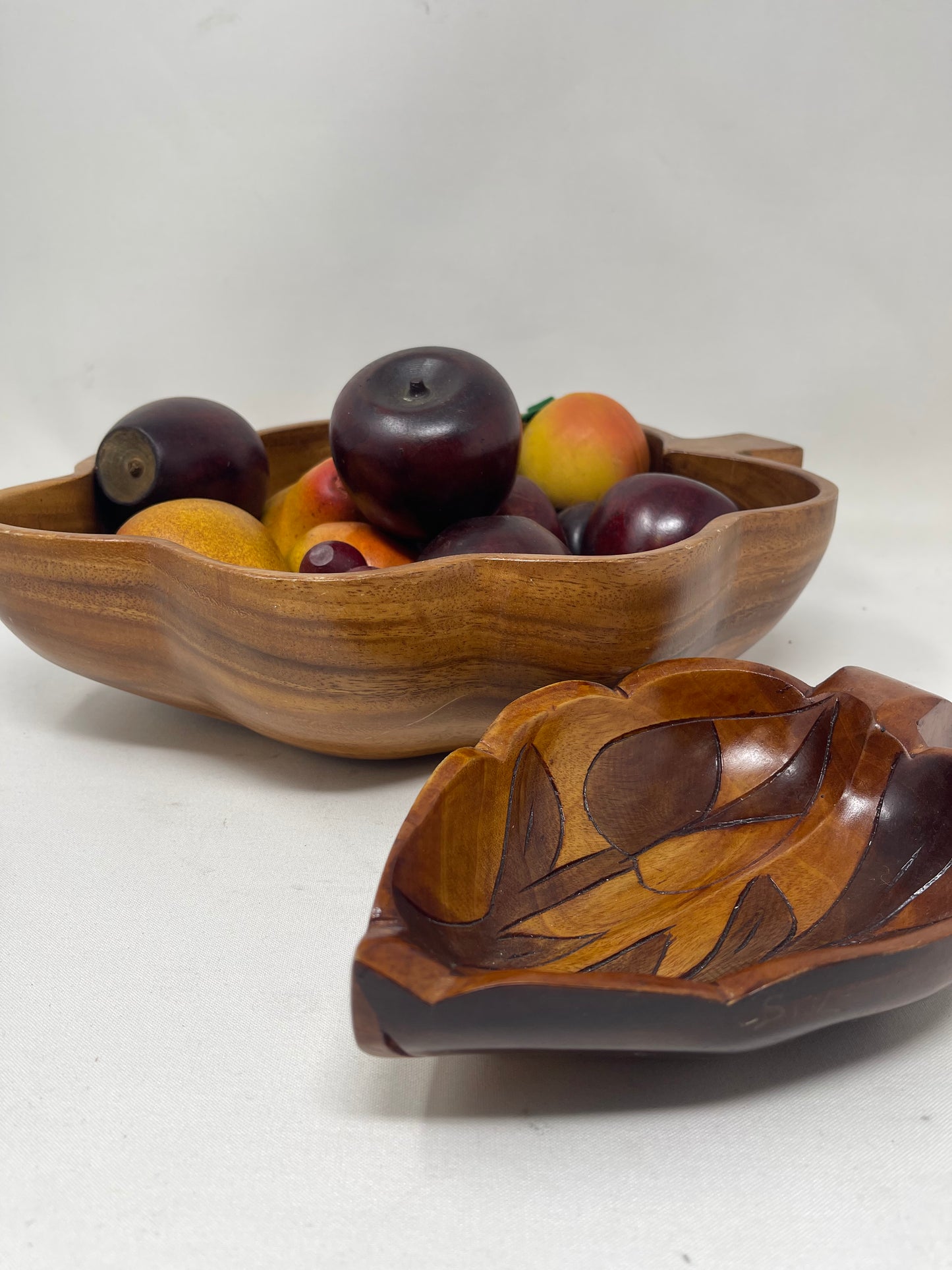 Hand Carved Wood Bowl Set W/ Wooden Fruit