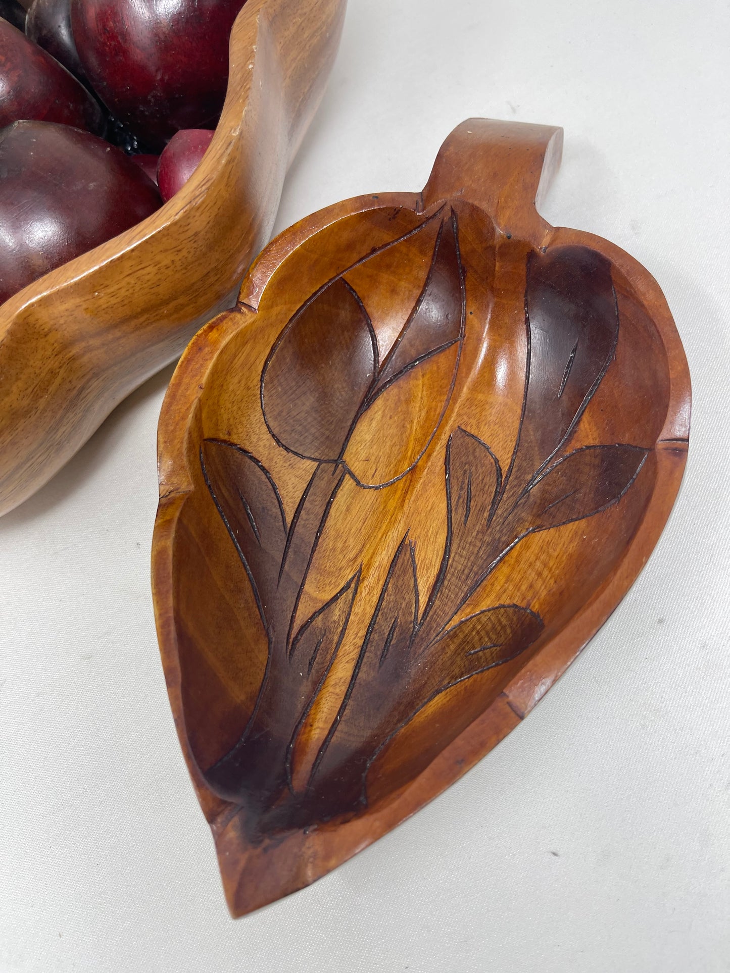 Hand Carved Wood Bowl Set W/ Wooden Fruit