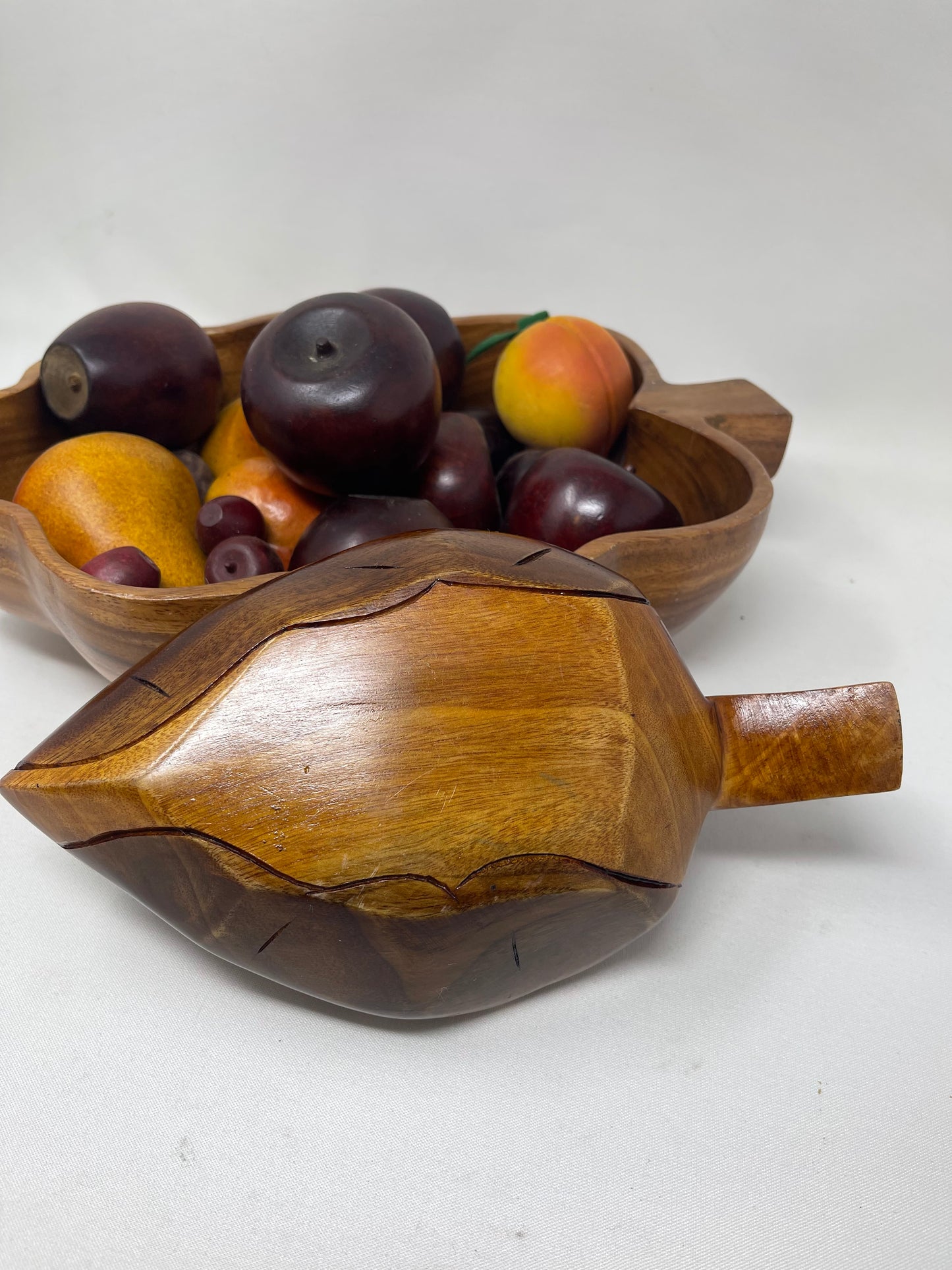 Hand Carved Wood Bowl Set W/ Wooden Fruit