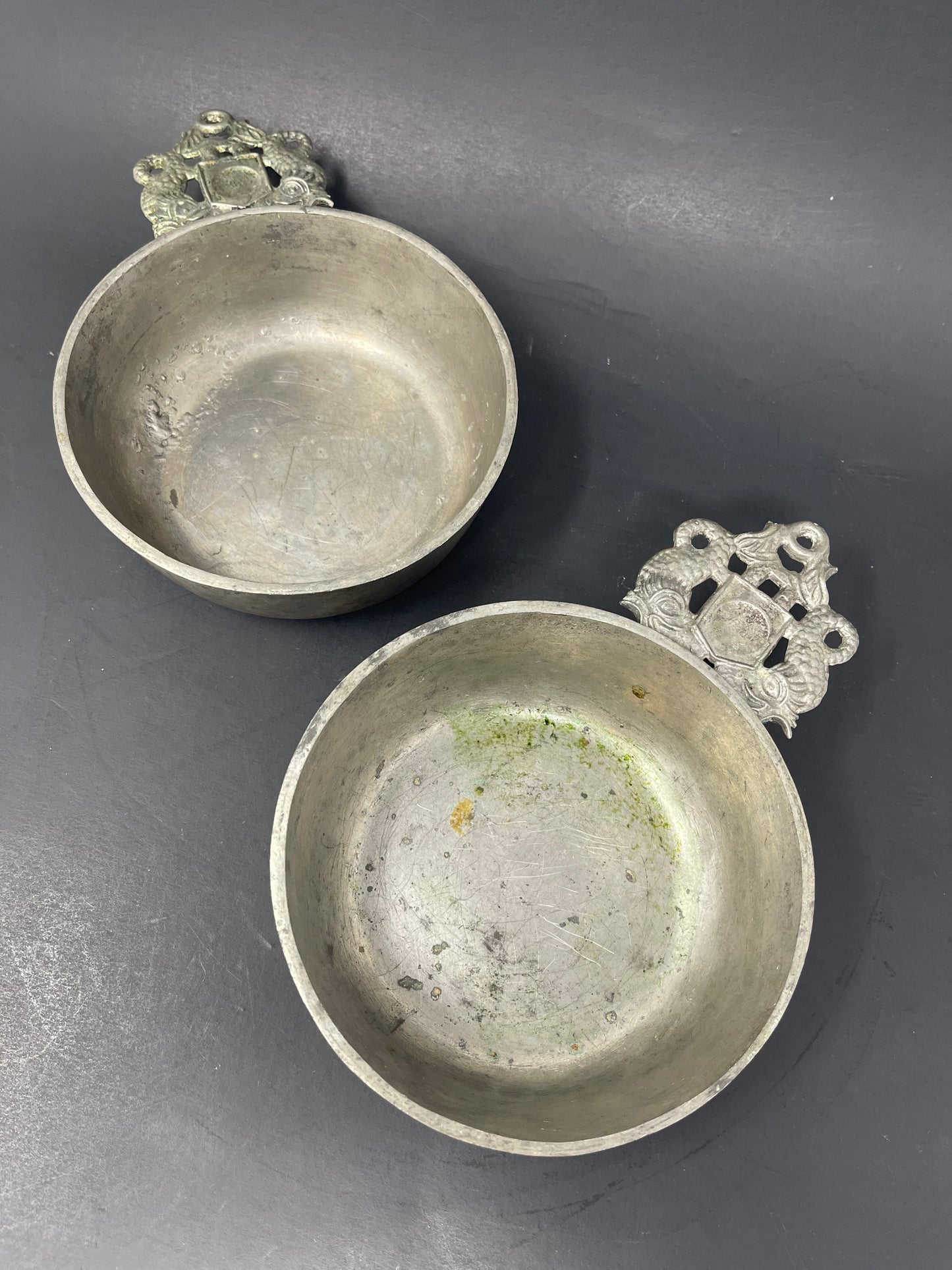 Pewter Dragon Handle Porringer Reproductions W/ Plates