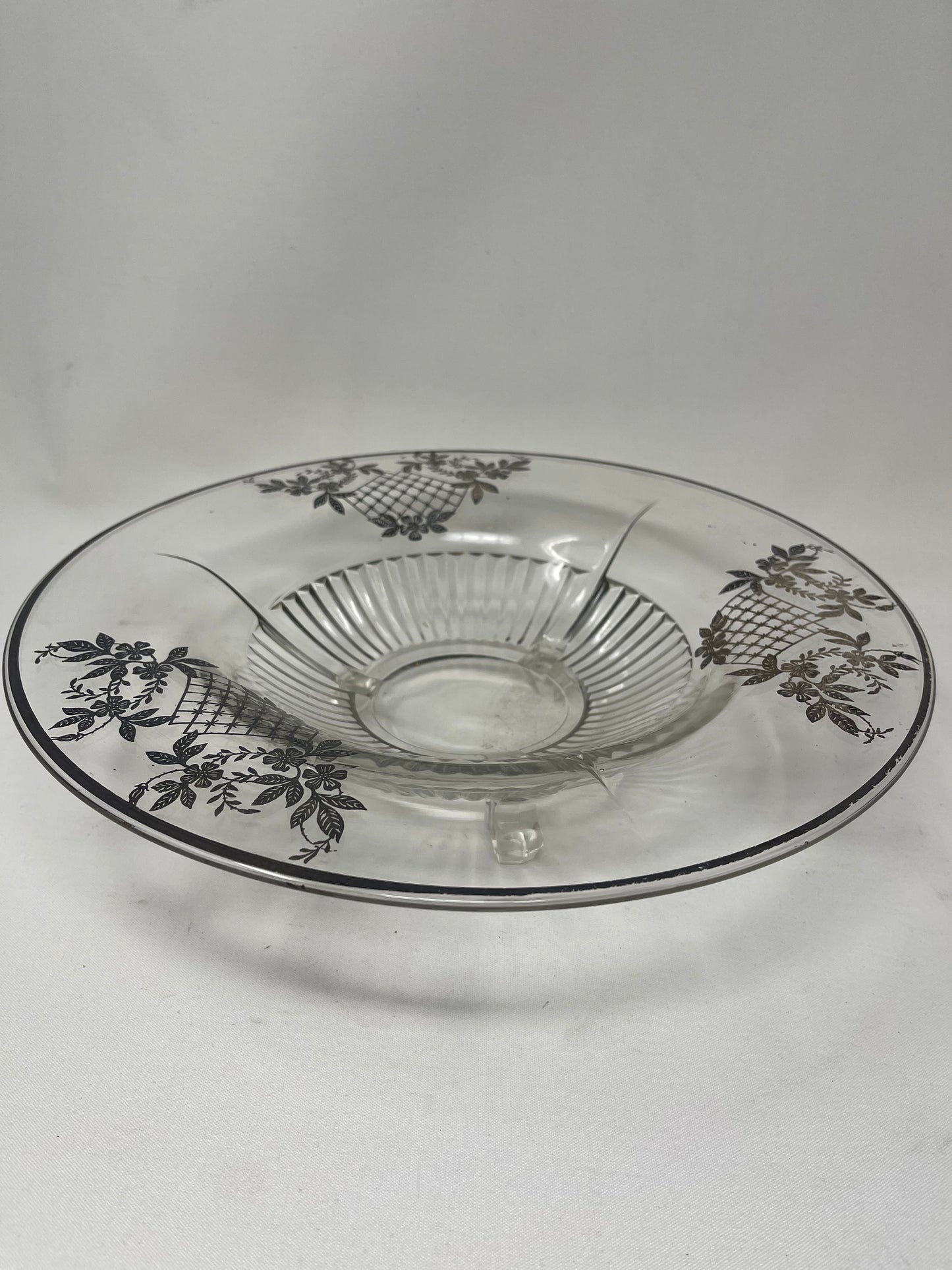 Vintage Footed Clear Glass Bowl W/ Silver Flower Basket Overlay