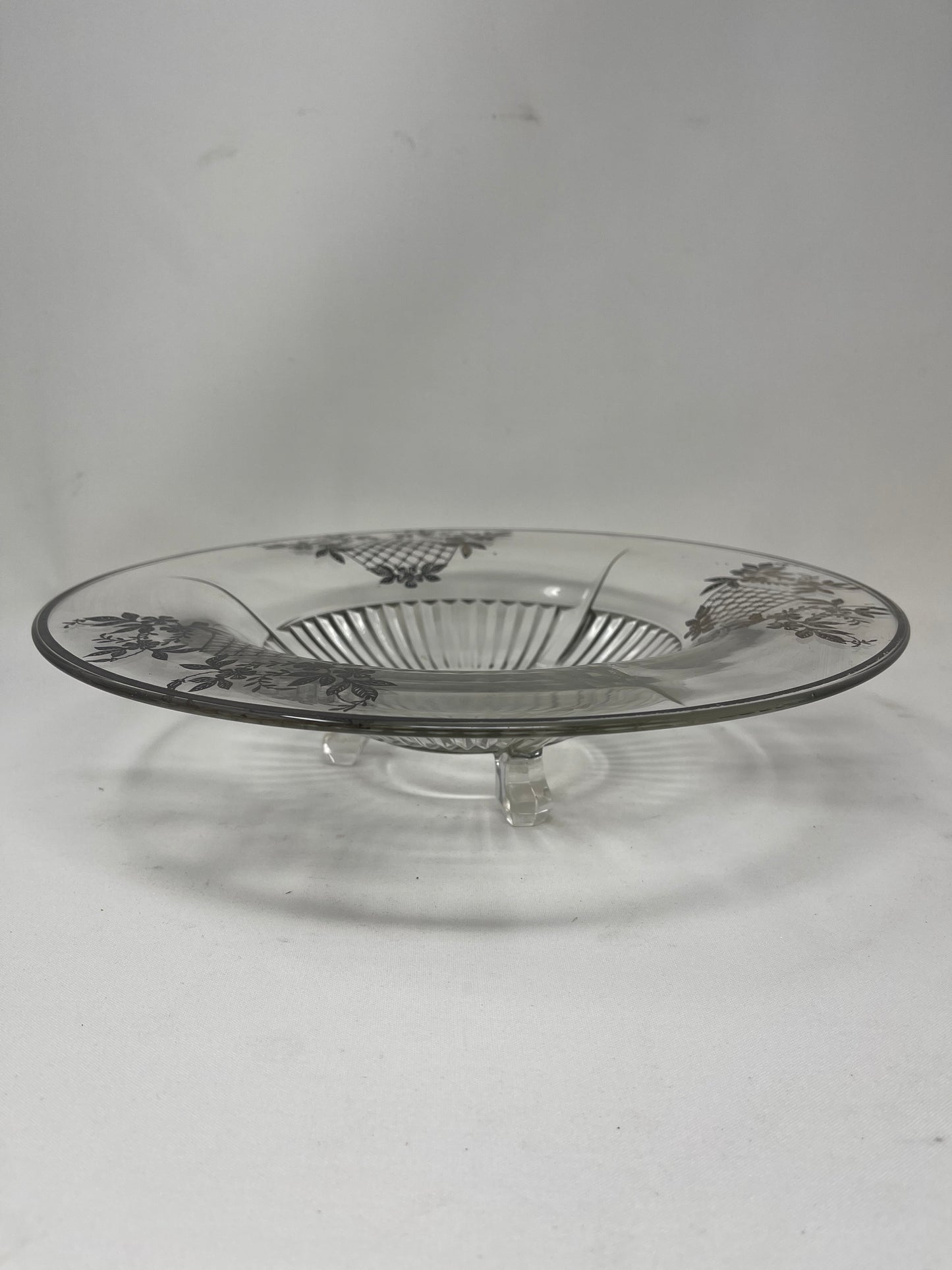 Vintage Footed Clear Glass Bowl W/ Silver Flower Basket Overlay