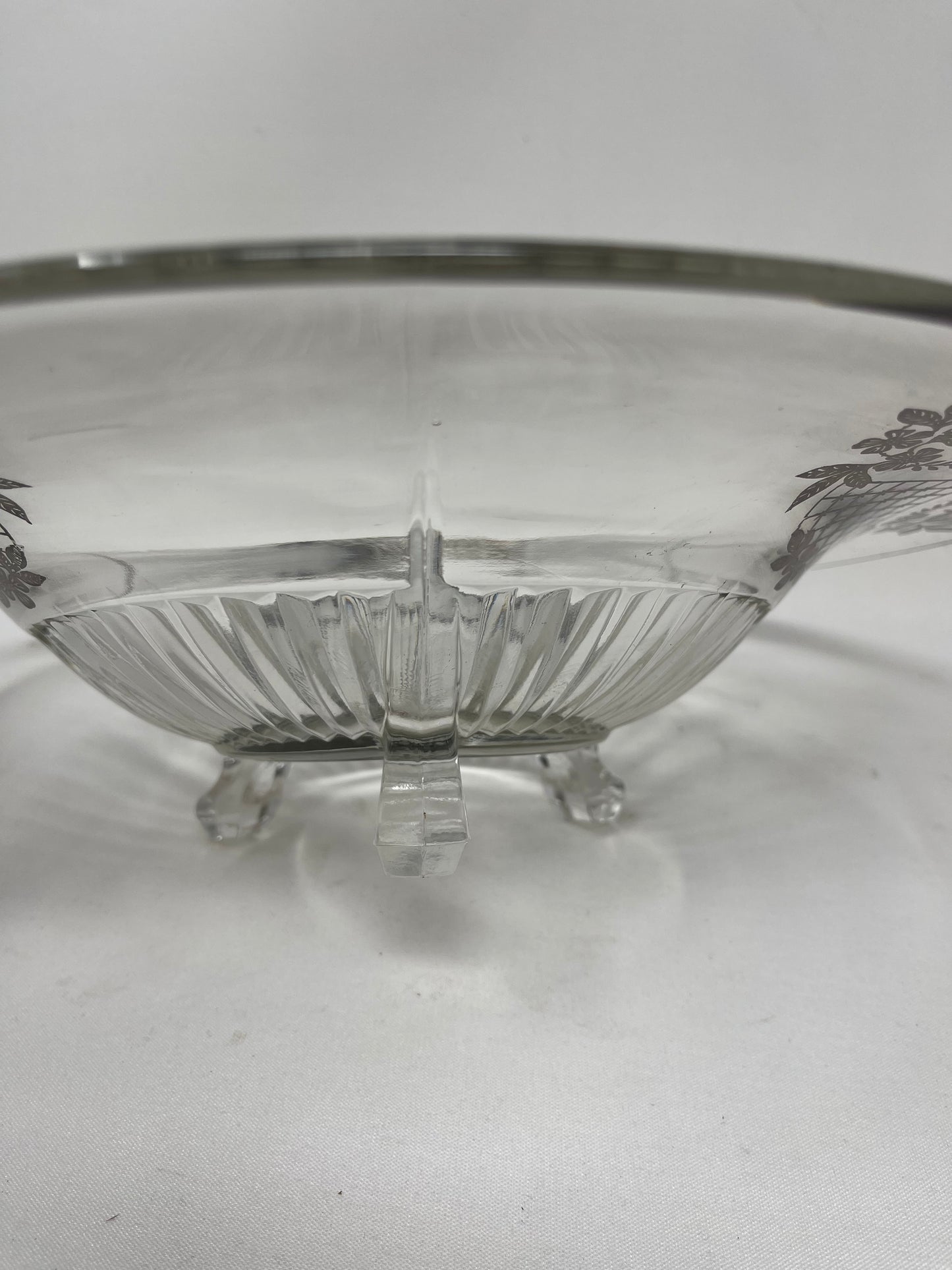 Vintage Footed Clear Glass Bowl W/ Silver Flower Basket Overlay