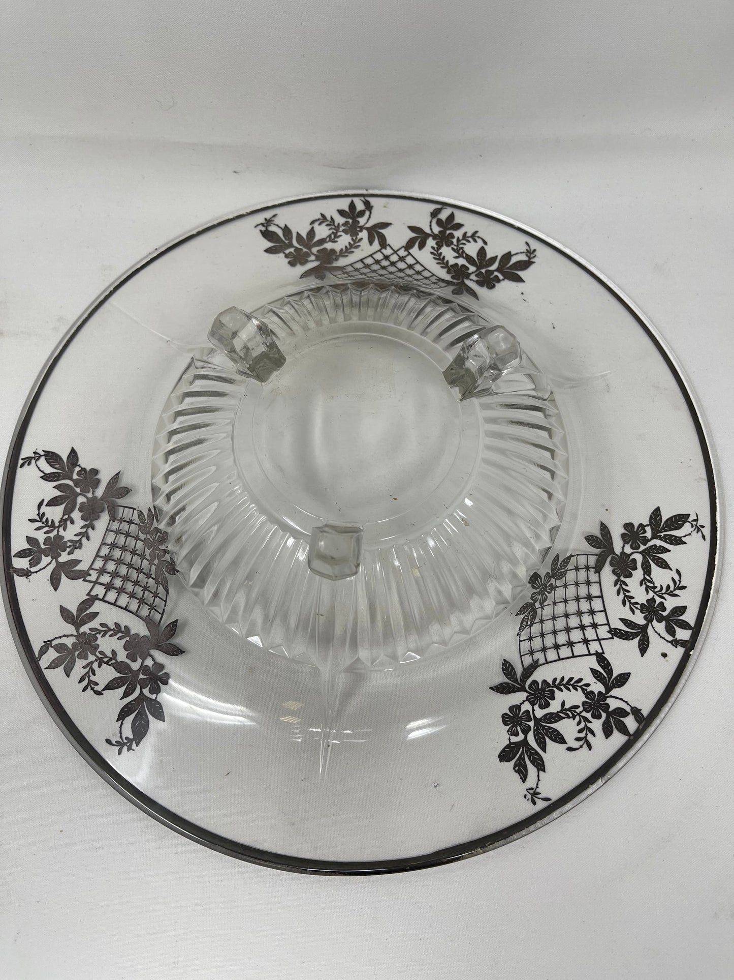 Vintage Footed Clear Glass Bowl W/ Silver Flower Basket Overlay