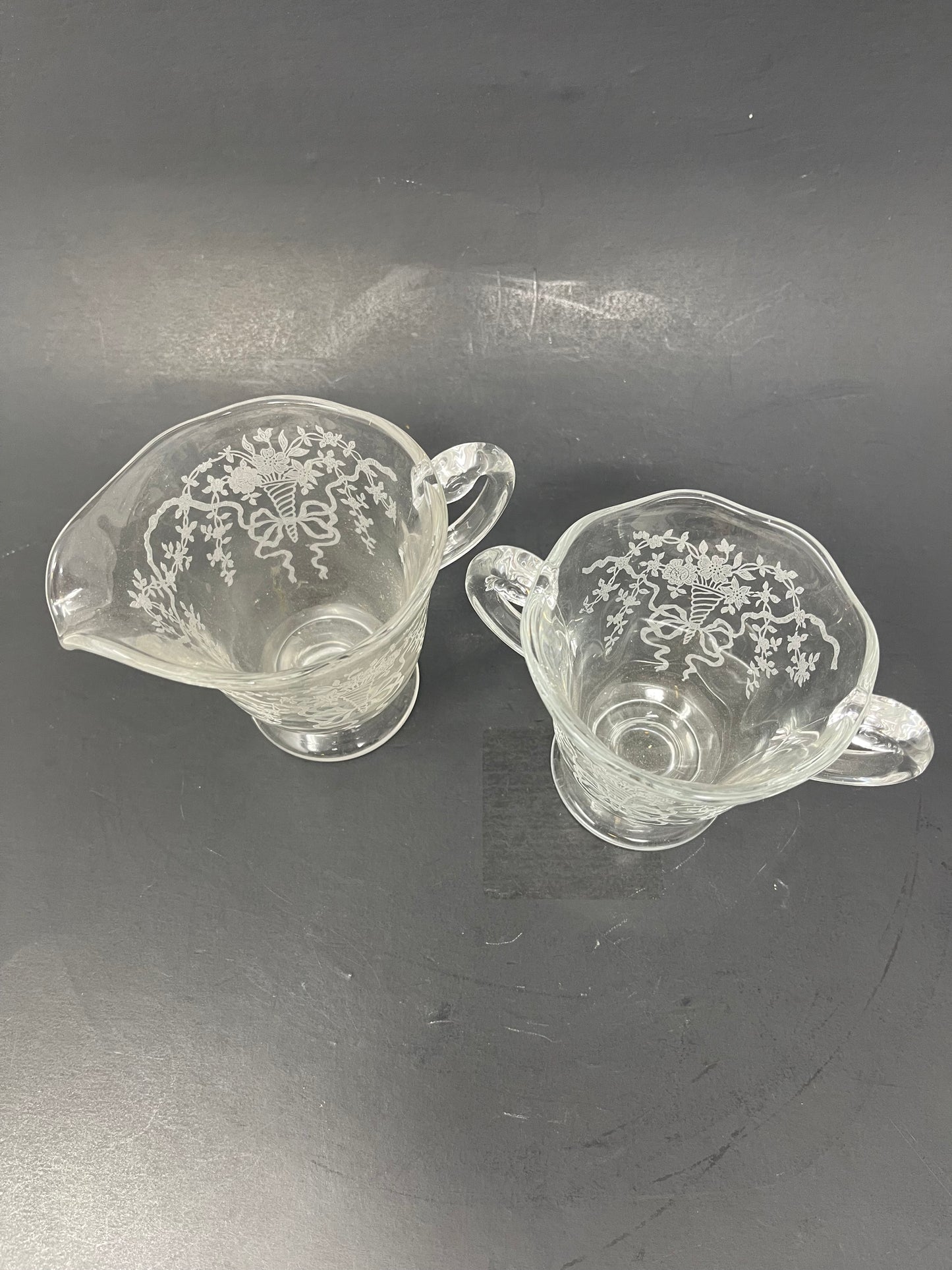 Fostoria Corsage Clear Etched Glass Cream & Sugar Set