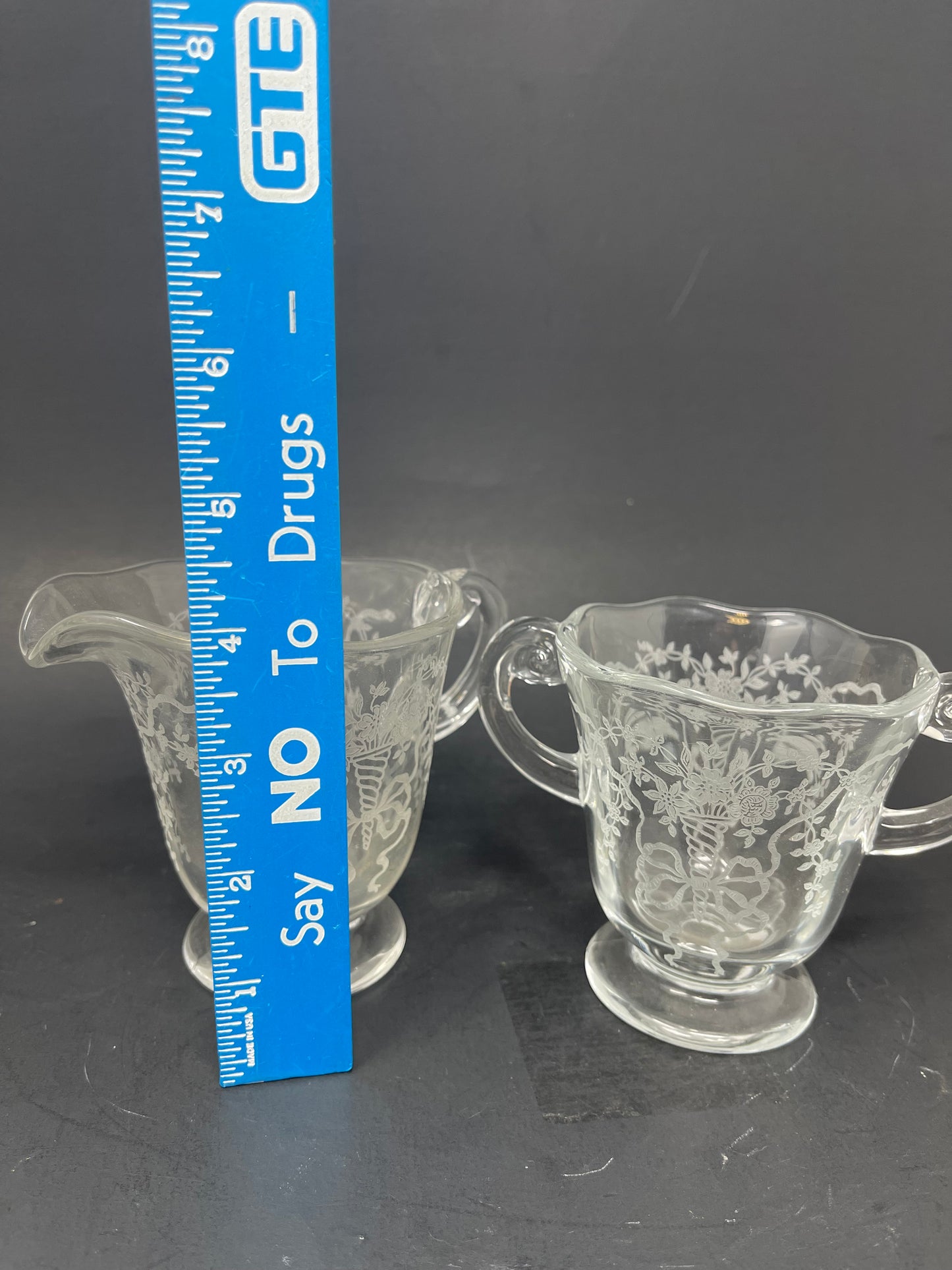 Fostoria Corsage Clear Etched Glass Cream & Sugar Set