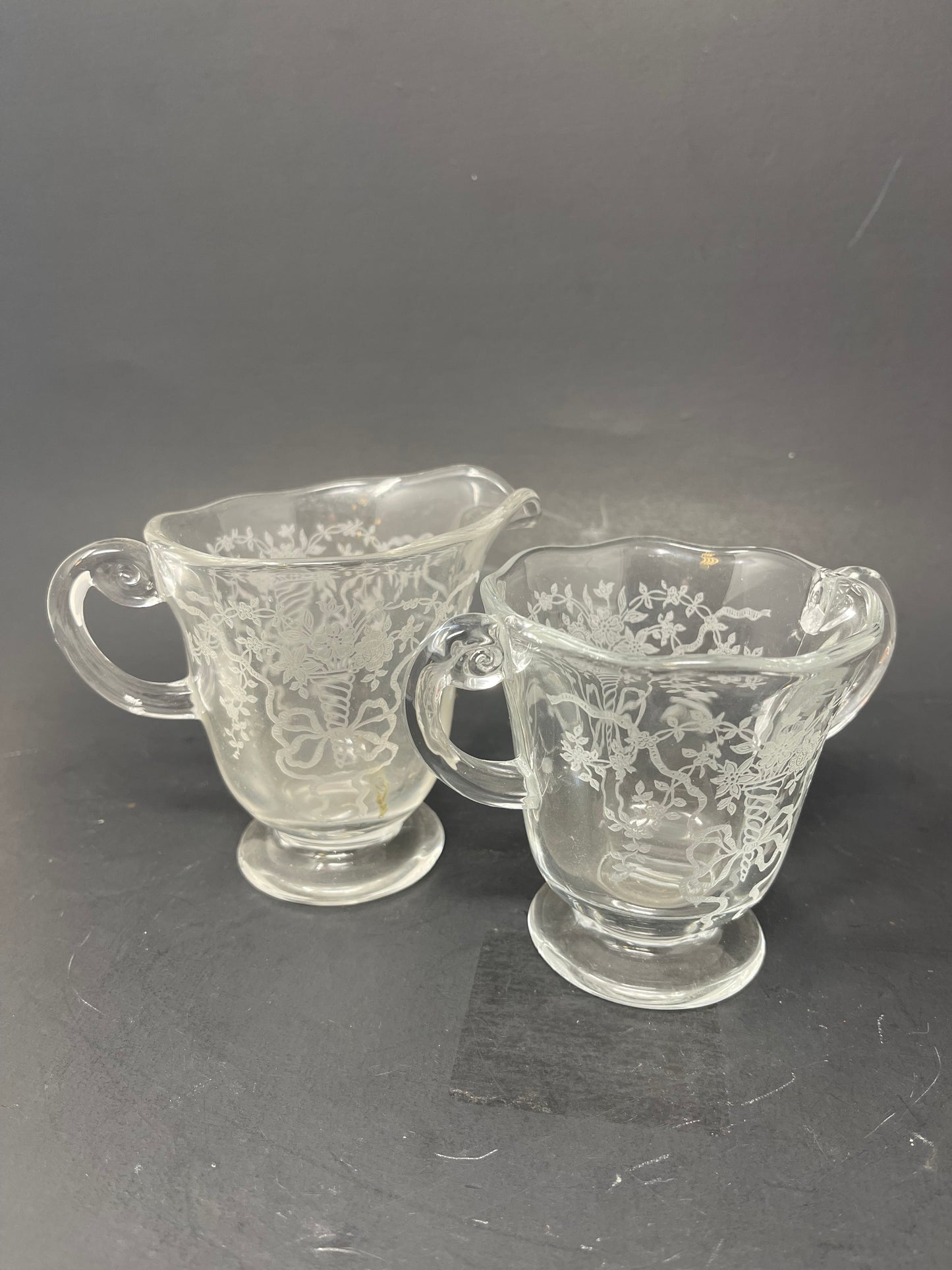 Fostoria Corsage Clear Etched Glass Cream & Sugar Set