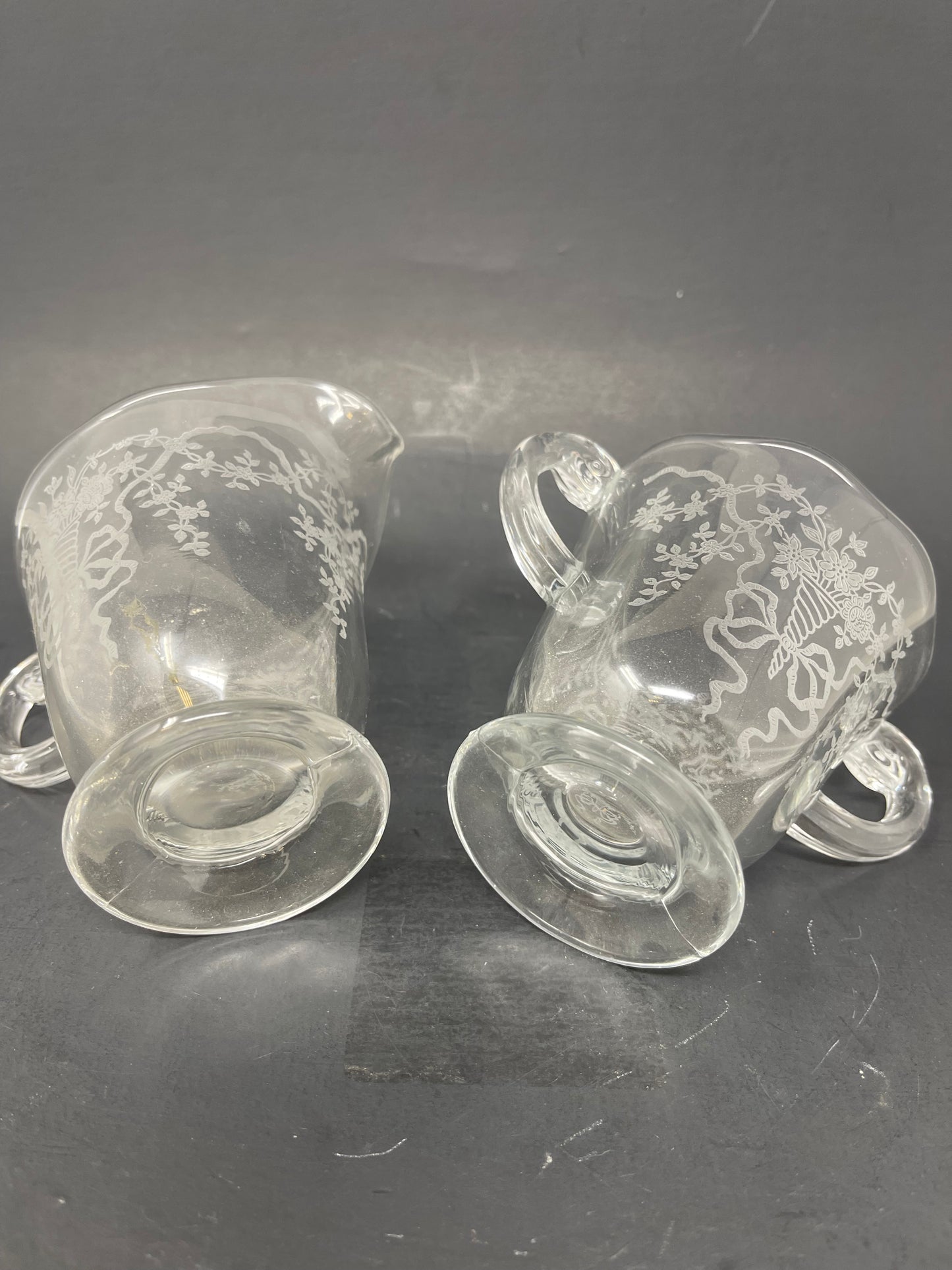 Fostoria Corsage Clear Etched Glass Cream & Sugar Set