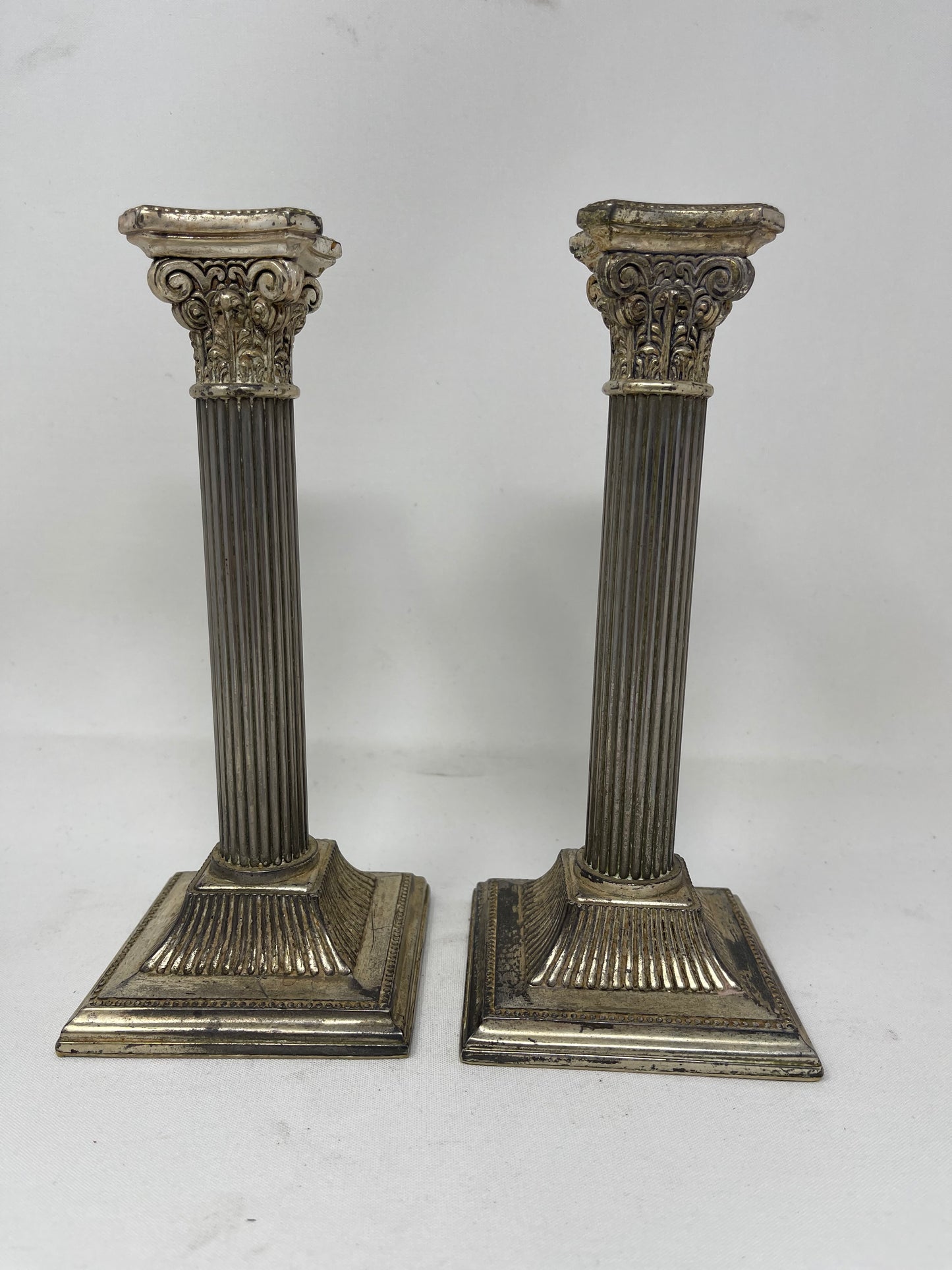 Pair Of Corinthian Column Silver Tone Candlestick Holders