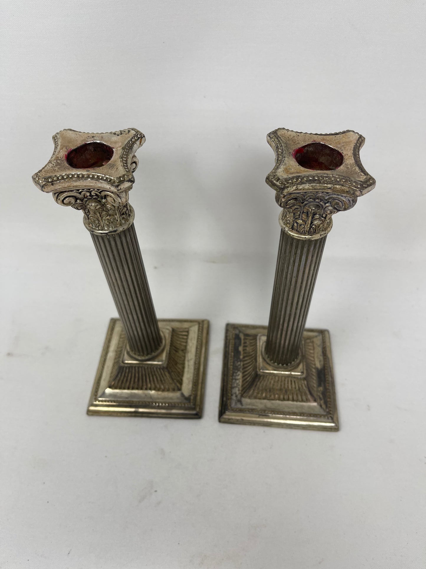Pair Of Corinthian Column Silver Tone Candlestick Holders