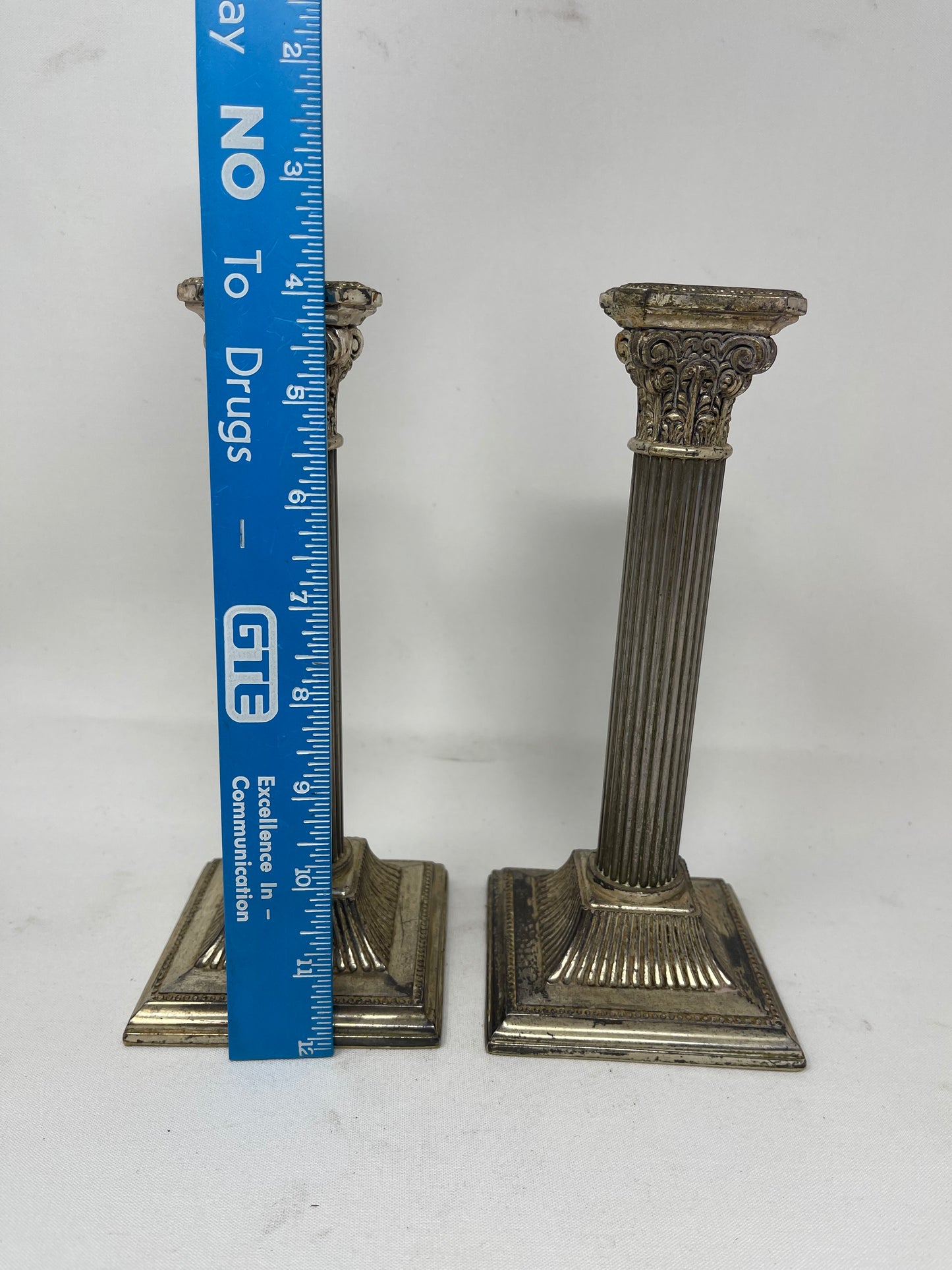 Pair Of Corinthian Column Silver Tone Candlestick Holders