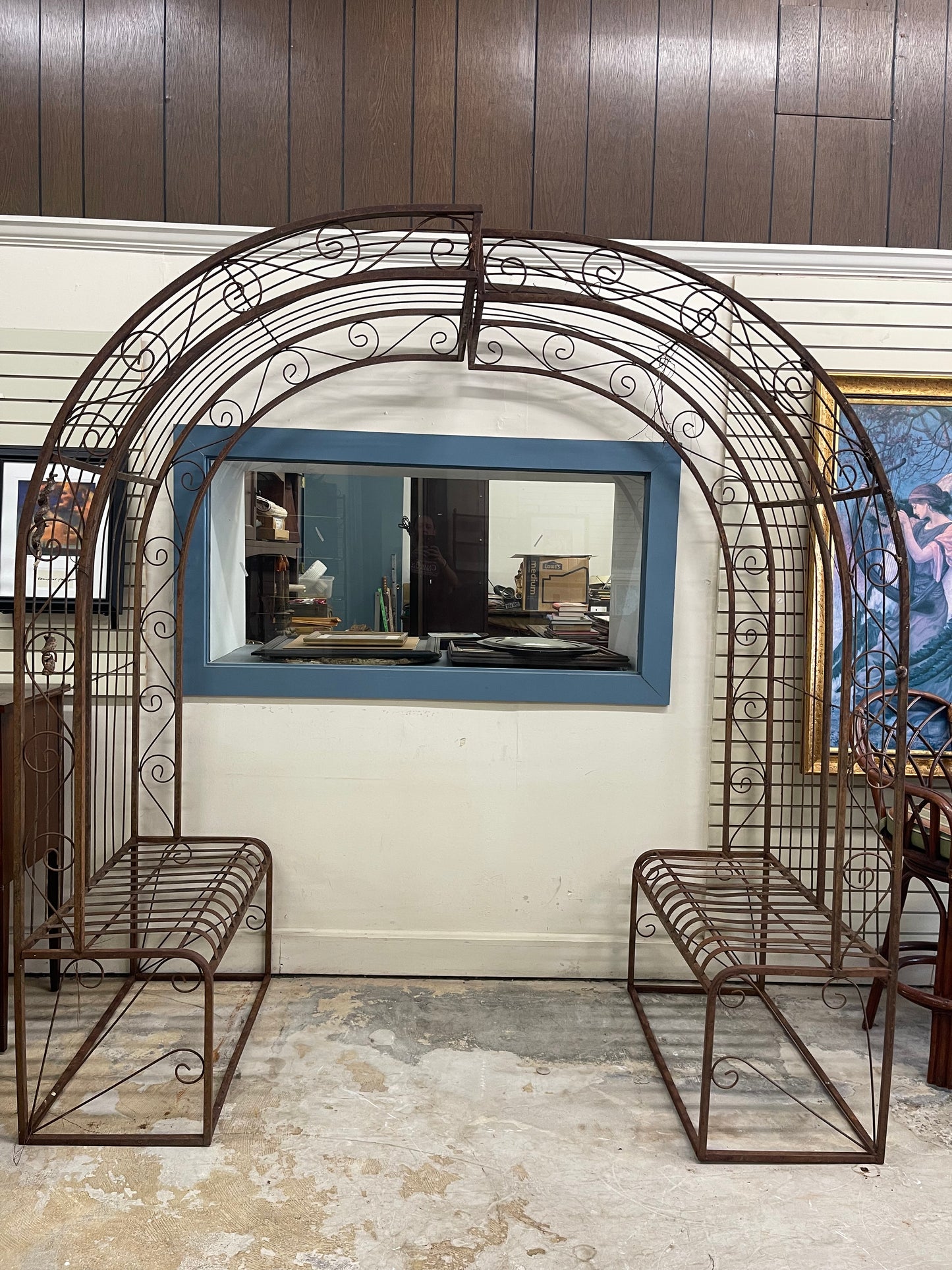 Rod Iron Arch Arbor 8ft W/ Set Of 2 Seater Benches