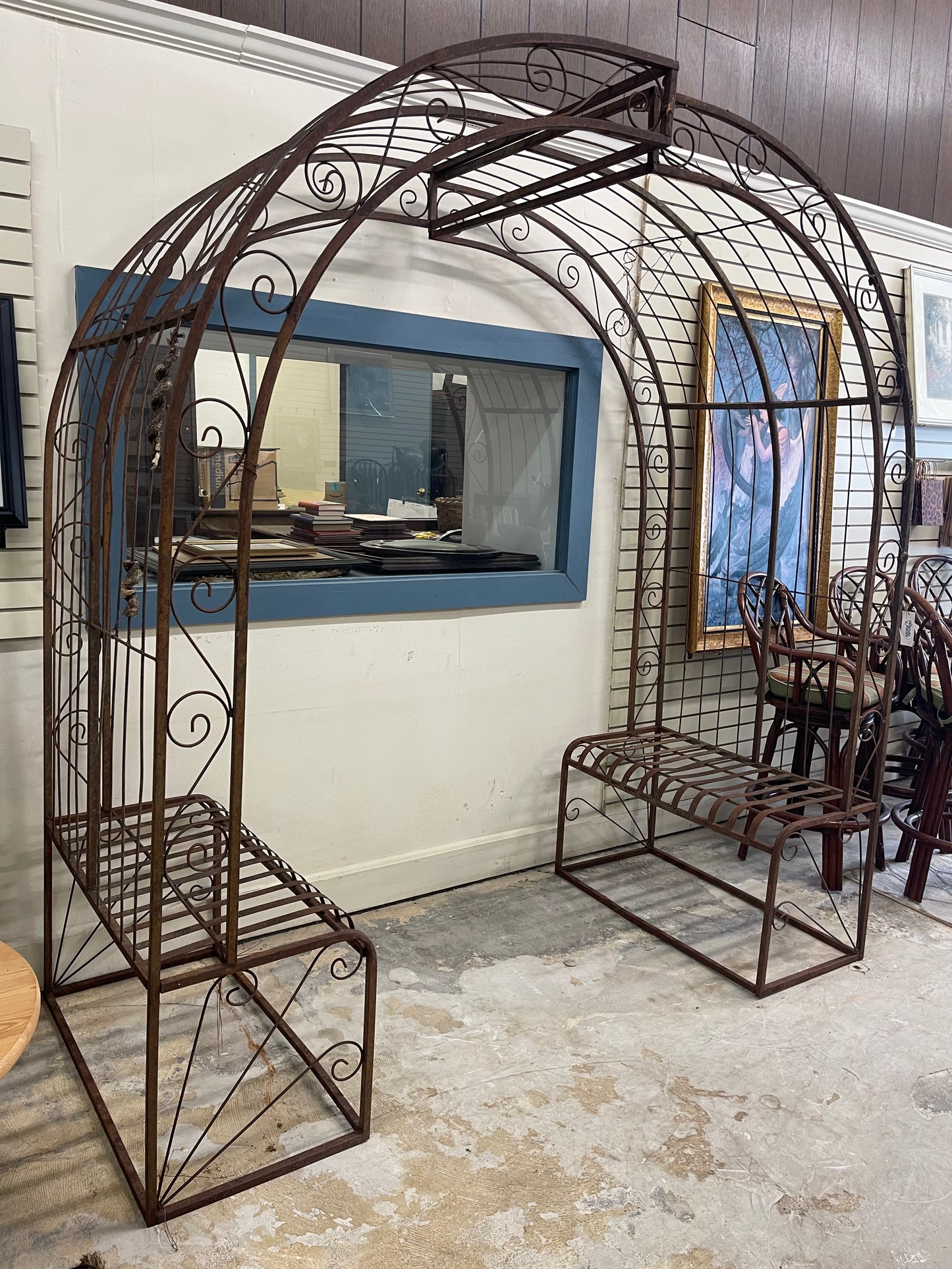 Rod Iron Arch Arbor 8ft W/ Set Of 2 Seater Benches