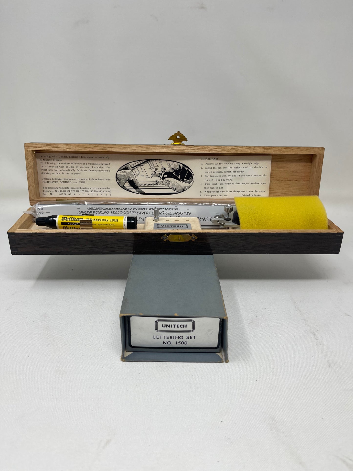 Vintage Unitech No. 1500 Lettering Set W/ Original Wooden Case