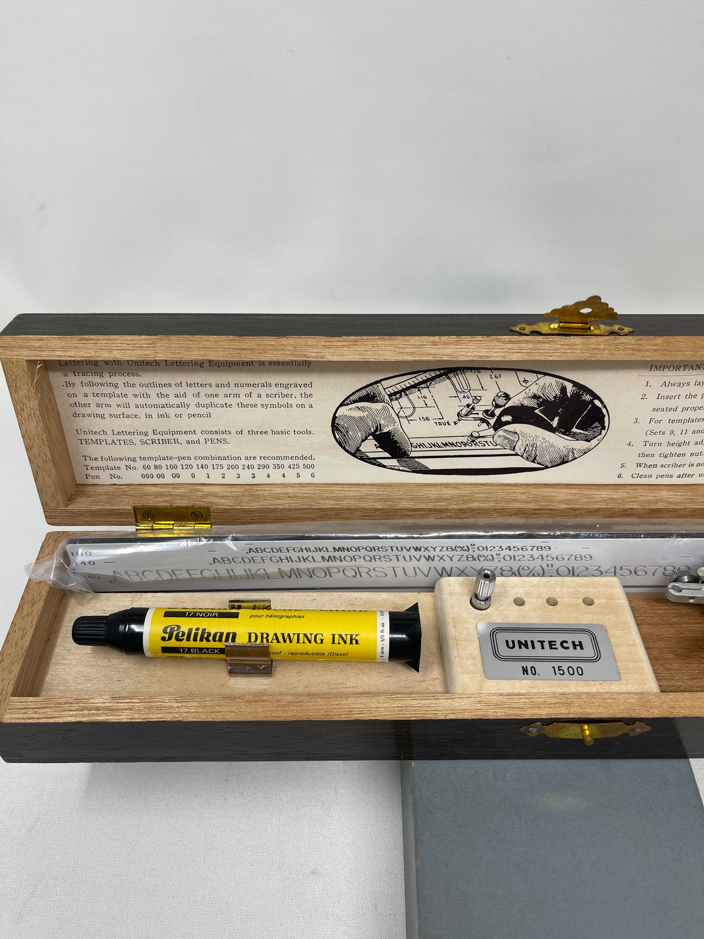 Vintage Unitech No. 1500 Lettering Set W/ Original Wooden Case
