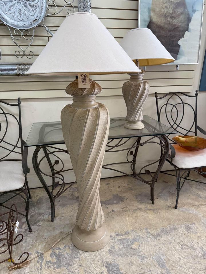 White floor lamp with matching table lamp