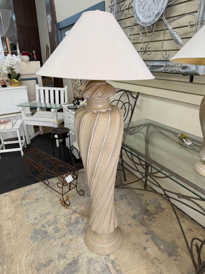 White floor lamp with matching table lamp