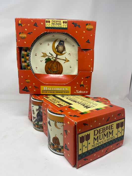 Debbie Mumm Sakura Halloween Dessert Ceramic Plates & Mugs In Original Box