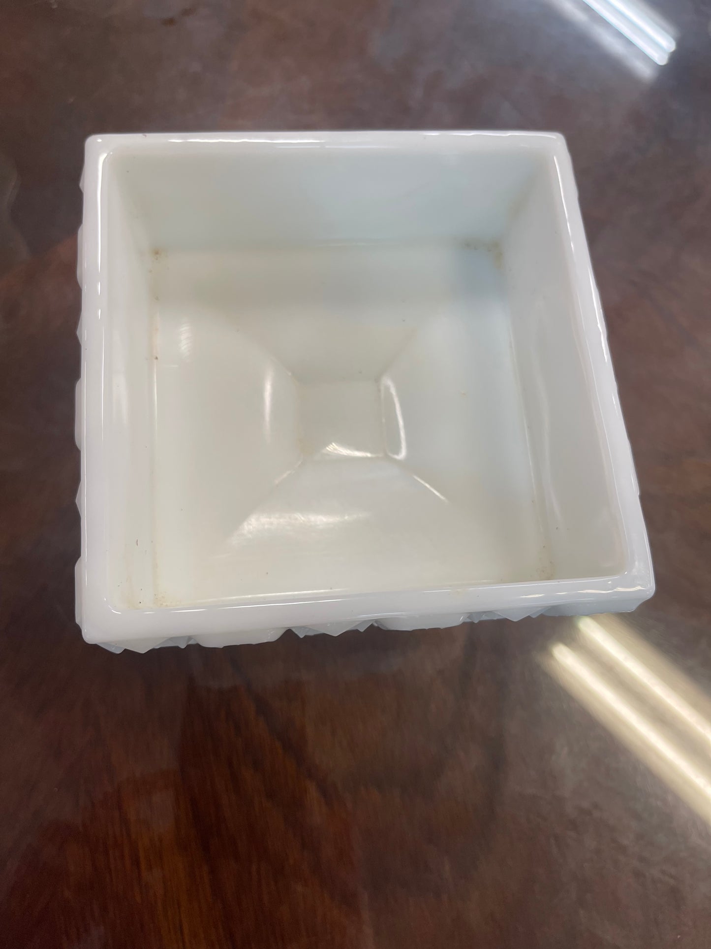 Westmoreland Milk Glass Quilt Pattern Candy Dish & Fenton Spanish Lace Milk Glass Cake Plate