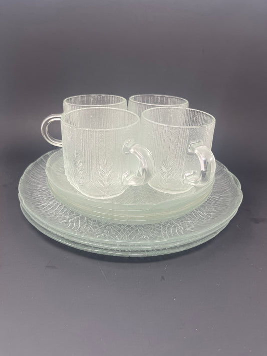 Arcoroc "Country Wheat" Clear Glass Mugs, Saucers & Plates