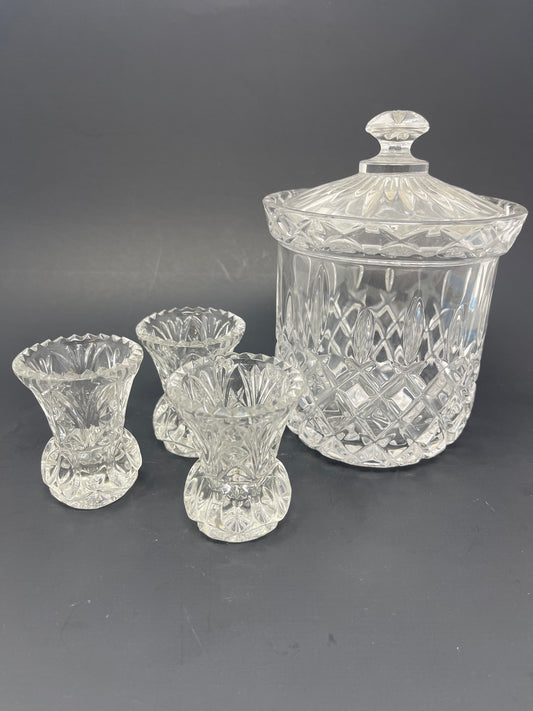 Gorham Crystal King Edward Biscuit Barrel W/ Lid & Toothpick Holders