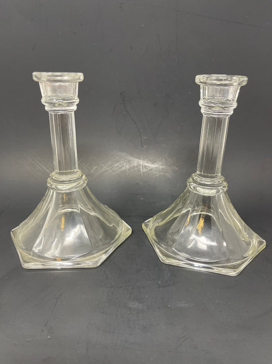 Pair Of Clear Glass Candle Holders