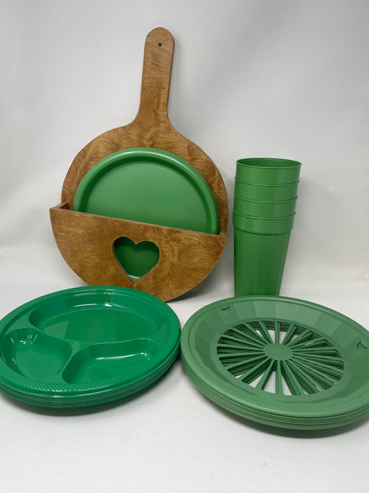 Vintage Green Cup & Plate Set W/ Wooden Plate Holder