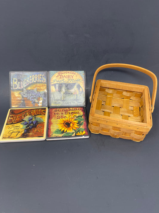 4 Coaster Set W/ Basket Holder