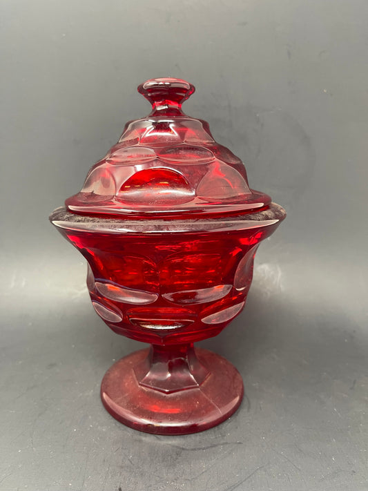 Vintage Fistoria Argus Ruby Red Footed Capote Dish W/ Lid