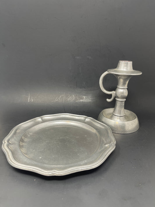 Vintage Sexton Pewter Platter & Candlestick Holder