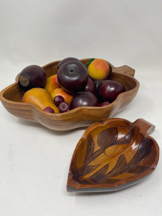 Hand Carved Wood Bowl Set W/ Wooden Fruit
