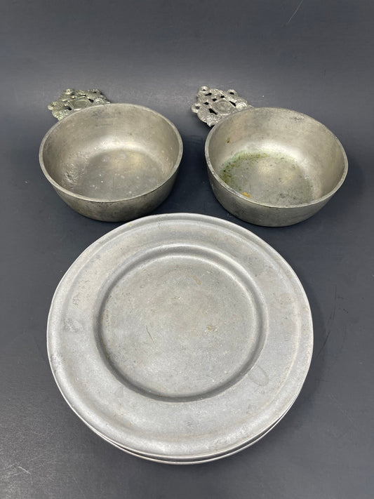 Pewter Dragon Handle Porringer Reproductions W/ Plates