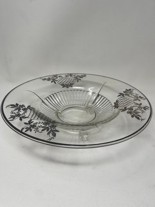 Vintage Footed Clear Glass Bowl W/ Silver Flower Basket Overlay