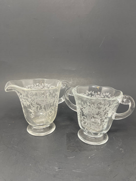 Fostoria Corsage Clear Etched Glass Cream & Sugar Set