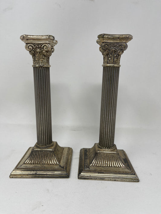 Pair Of Corinthian Column Silver Tone Candlestick Holders