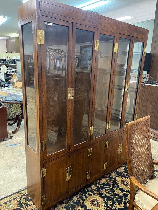 Henredon Solid Walnut Italian Campaign Style 65" Display Cabinet